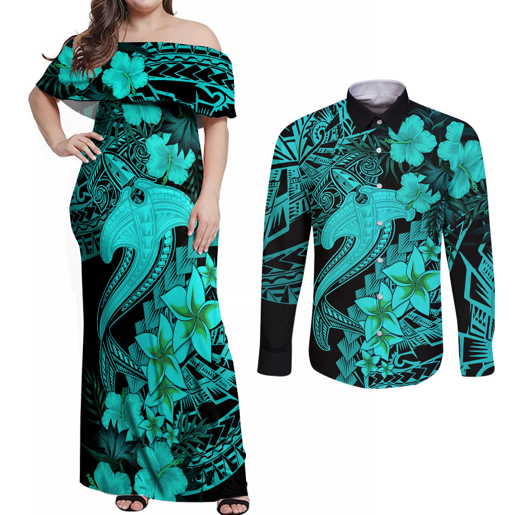 Aloha Hawaii Couples Matching Off Shoulder Maxi Dress and Long Sleeve Button Shirts Hammerhead Shark Tattoo Polynesian Summer - Turquoise LT9 - Wonder Print Shop