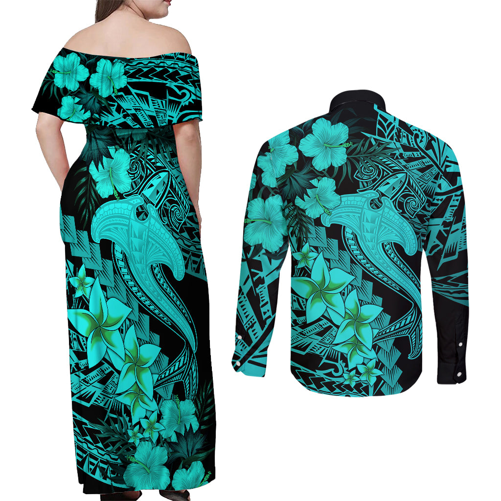 Aloha Hawaii Couples Matching Off Shoulder Maxi Dress and Long Sleeve Button Shirts Hammerhead Shark Tattoo Polynesian Summer - Turquoise LT9 - Wonder Print Shop