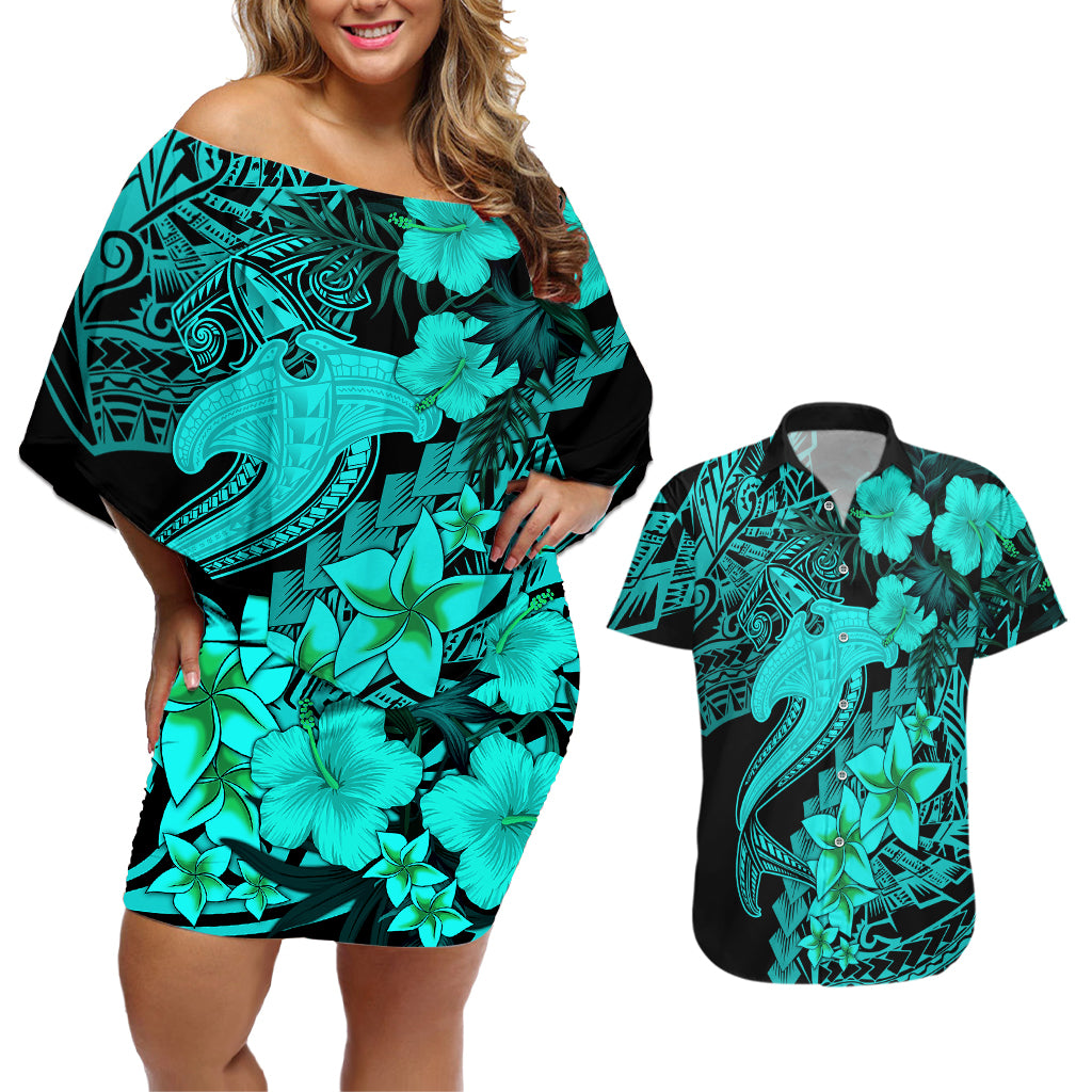 Aloha Hawaii Couples Matching Off Shoulder Short Dress and Hawaiian Shirt Hammerhead Shark Tattoo Polynesian Summer - Turquoise LT9 - Wonder Print Shop