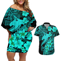 Aloha Hawaii Couples Matching Off Shoulder Short Dress and Hawaiian Shirt Hammerhead Shark Tattoo Polynesian Summer - Turquoise LT9 - Wonder Print Shop