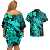 Aloha Hawaii Couples Matching Off Shoulder Short Dress and Hawaiian Shirt Hammerhead Shark Tattoo Polynesian Summer - Turquoise LT9 - Wonder Print Shop