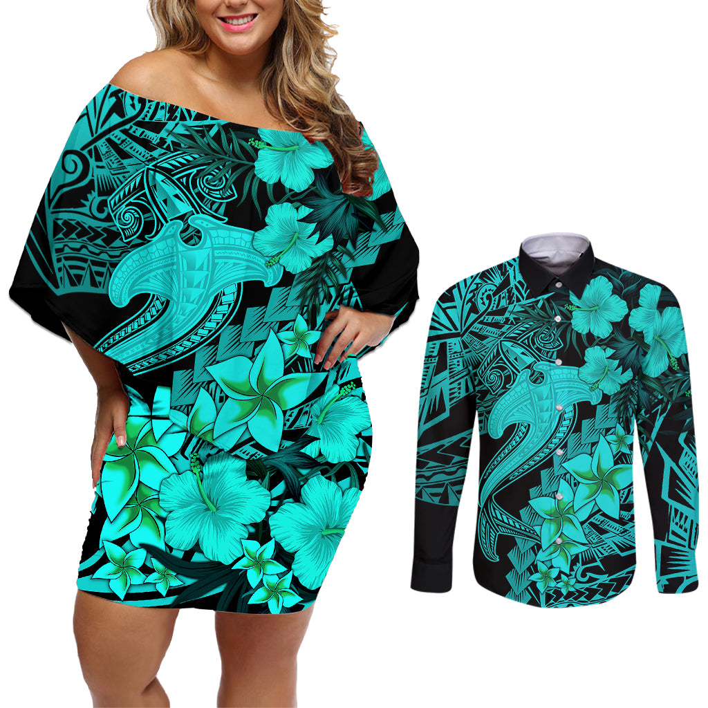 Aloha Hawaii Couples Matching Off Shoulder Short Dress and Long Sleeve Button Shirts Hammerhead Shark Tattoo Polynesian Summer - Turquoise LT9 - Wonder Print Shop
