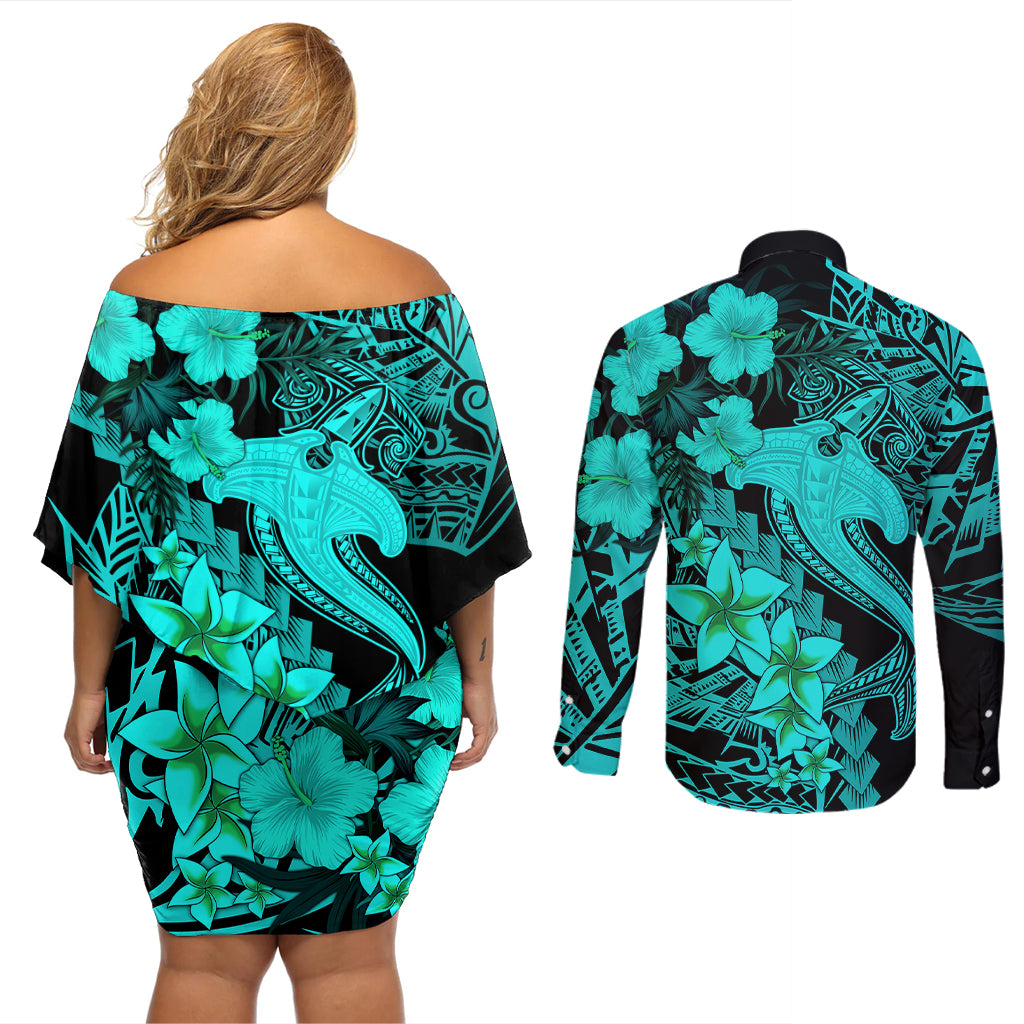 Aloha Hawaii Couples Matching Off Shoulder Short Dress and Long Sleeve Button Shirts Hammerhead Shark Tattoo Polynesian Summer - Turquoise LT9 - Wonder Print Shop