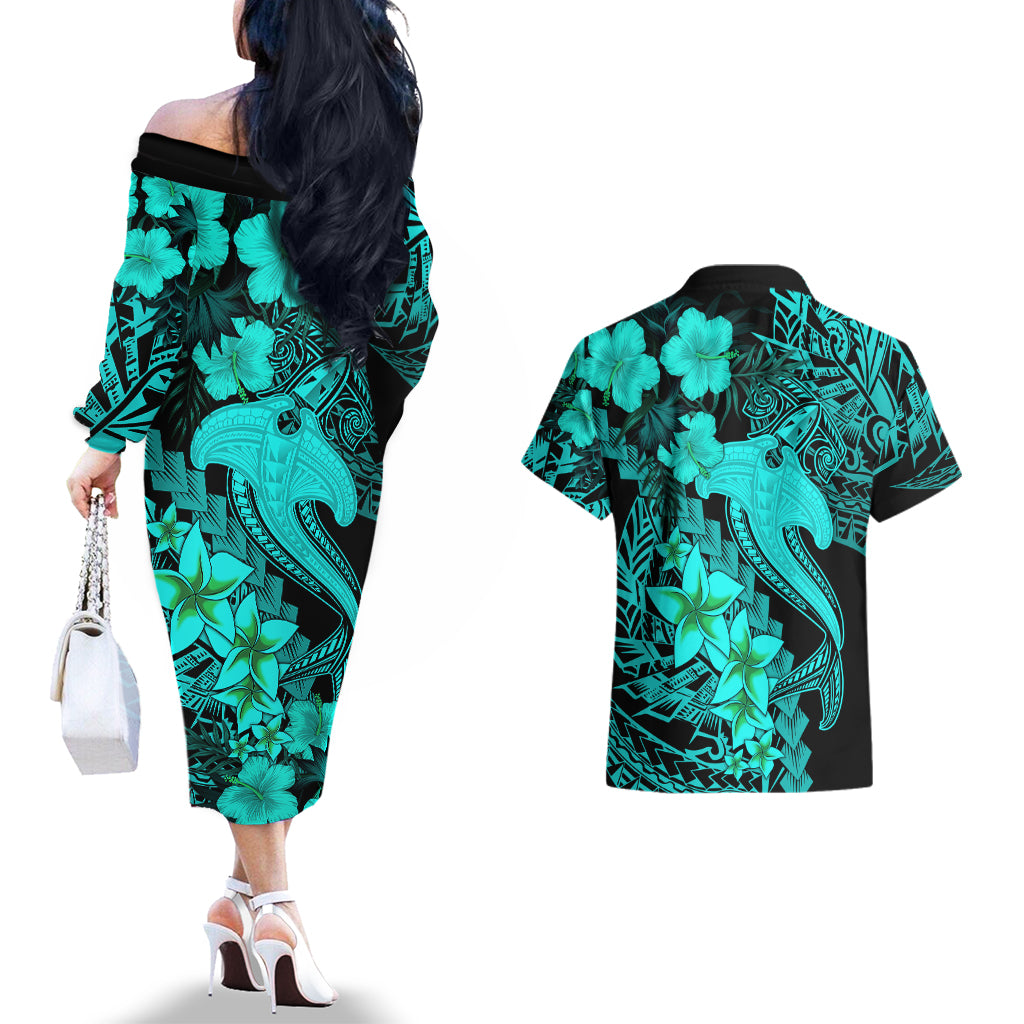 Aloha Hawaii Couples Matching Off The Shoulder Long Sleeve Dress and Hawaiian Shirt Hammerhead Shark Tattoo Polynesian Summer - Turquoise LT9 - Wonder Print Shop