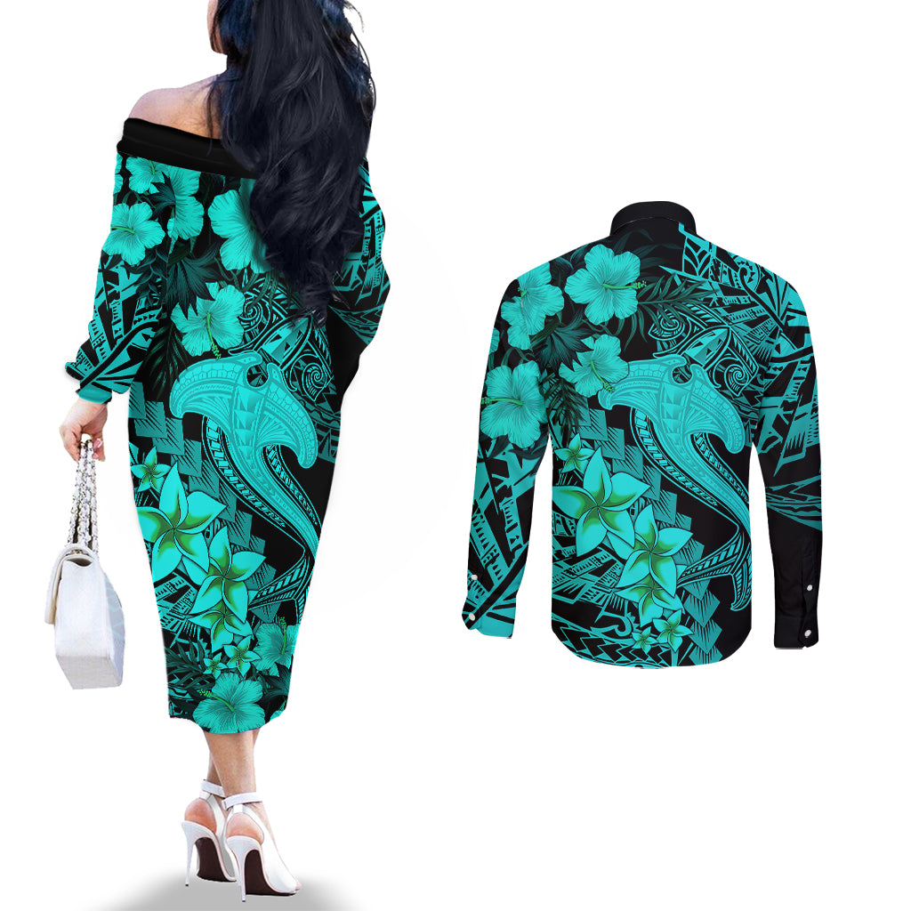 aloha-hawaii-couples-matching-off-the-shoulder-long-sleeve-dress-and-long-sleeve-button-shirts-hammerhead-shark-tattoo-polynesian-summer-turquoise