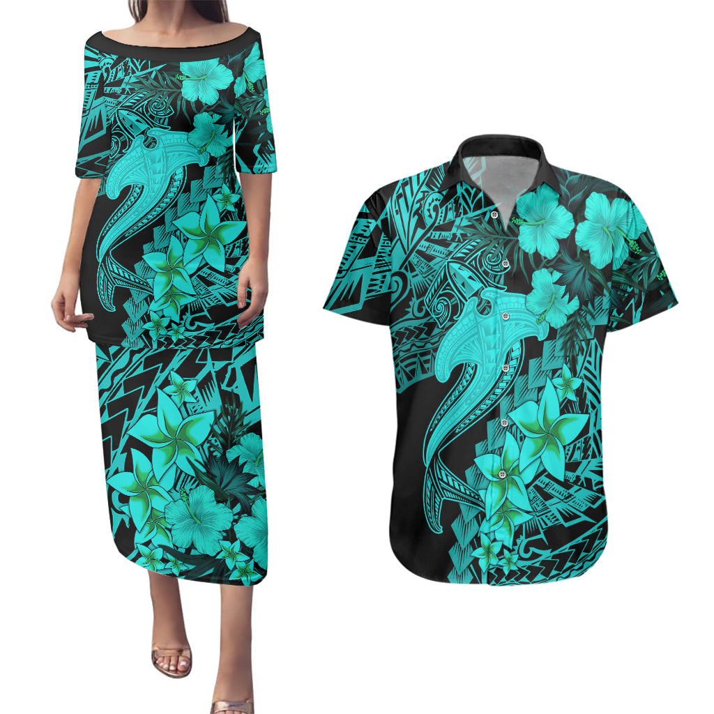 Aloha Hawaii Couples Matching Puletasi Dress and Hawaiian Shirt Hammerhead Shark Tattoo Polynesian Summer - Turquoise LT9 - Wonder Print Shop