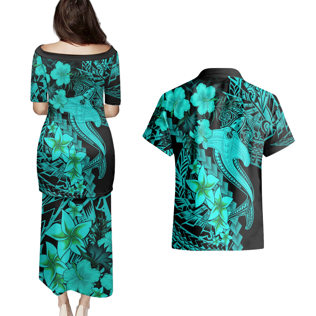 Aloha Hawaii Couples Matching Puletasi Dress and Hawaiian Shirt Hammerhead Shark Tattoo Polynesian Summer - Turquoise LT9 - Wonder Print Shop
