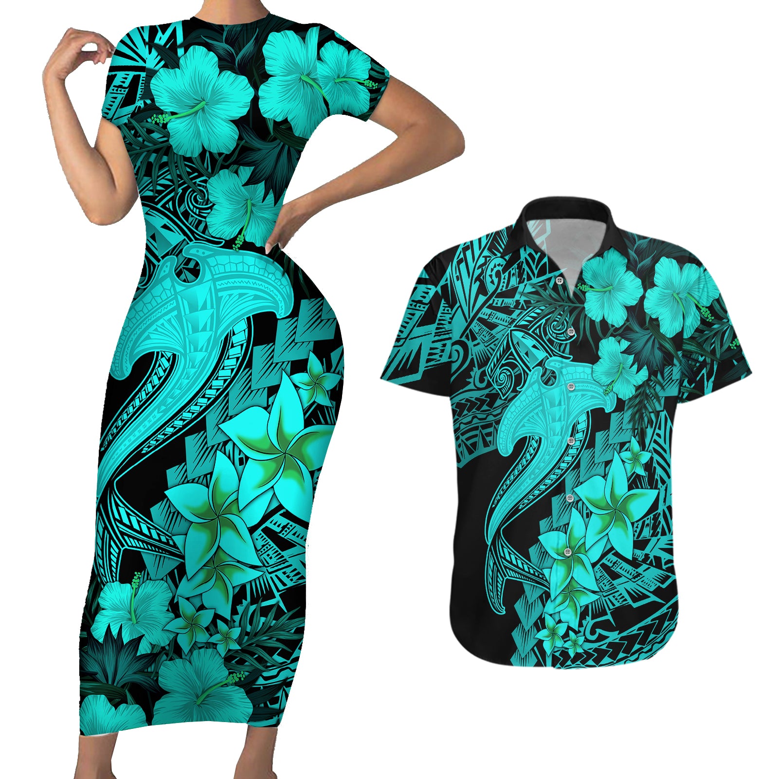 Aloha Hawaii Couples Matching Short Sleeve Bodycon Dress and Hawaiian Shirt Hammerhead Shark Tattoo Polynesian Summer - Turquoise LT9 - Wonder Print Shop