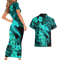Aloha Hawaii Couples Matching Short Sleeve Bodycon Dress and Hawaiian Shirt Hammerhead Shark Tattoo Polynesian Summer - Turquoise LT9 - Wonder Print Shop