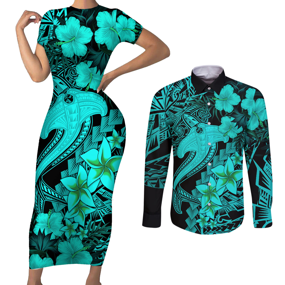Aloha Hawaii Couples Matching Short Sleeve Bodycon Dress and Long Sleeve Button Shirts Hammerhead Shark Tattoo Polynesian Summer - Turquoise LT9 - Wonder Print Shop