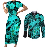 Aloha Hawaii Couples Matching Short Sleeve Bodycon Dress and Long Sleeve Button Shirts Hammerhead Shark Tattoo Polynesian Summer - Turquoise LT9 - Wonder Print Shop