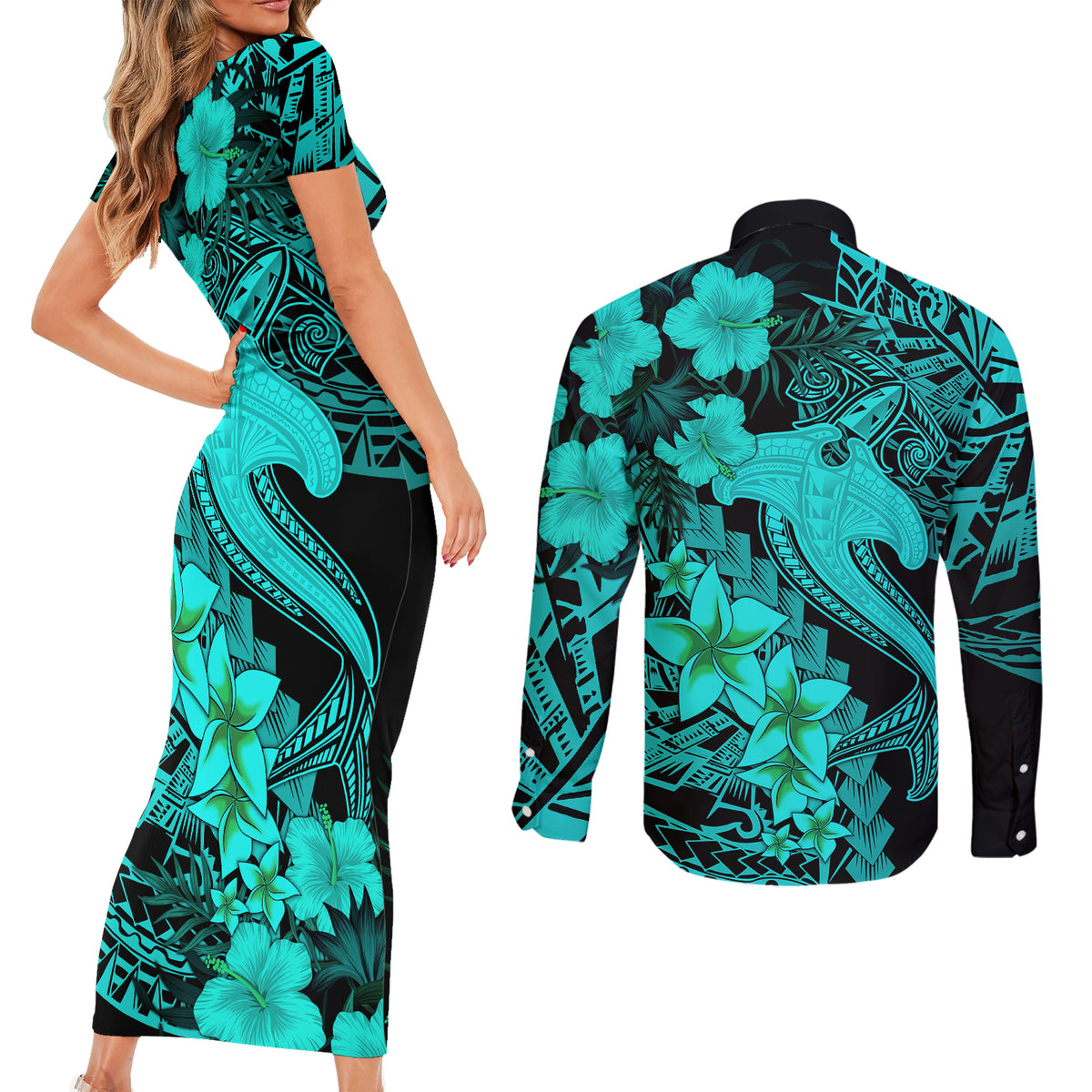 Aloha Hawaii Couples Matching Short Sleeve Bodycon Dress and Long Sleeve Button Shirts Hammerhead Shark Tattoo Polynesian Summer - Turquoise LT9 - Wonder Print Shop
