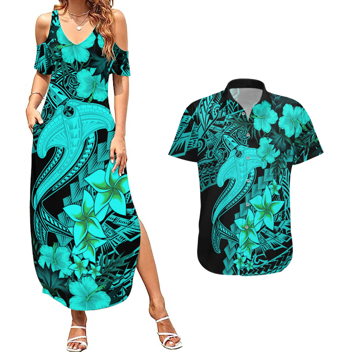 Aloha Hawaii Couples Matching Summer Maxi Dress and Hawaiian Shirt Hammerhead Shark Tattoo Polynesian Summer - Turquoise LT9 - Wonder Print Shop
