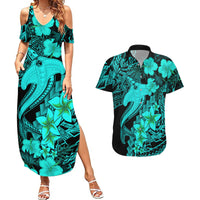 Aloha Hawaii Couples Matching Summer Maxi Dress and Hawaiian Shirt Hammerhead Shark Tattoo Polynesian Summer - Turquoise LT9 - Wonder Print Shop