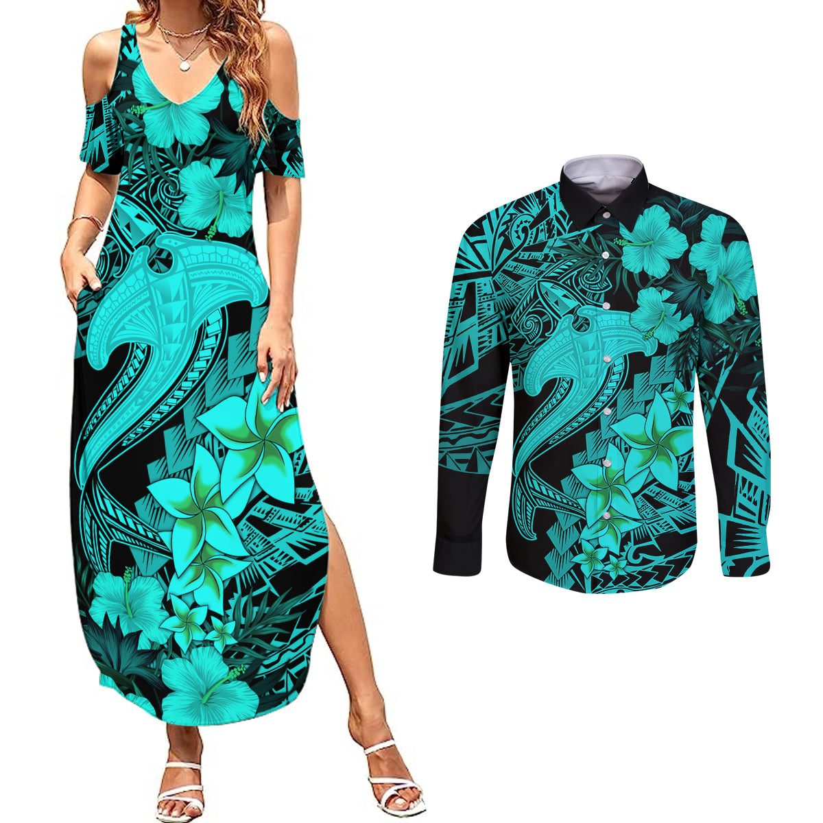 Aloha Hawaii Couples Matching Summer Maxi Dress and Long Sleeve Button Shirts Hammerhead Shark Tattoo Polynesian Summer - Turquoise LT9 - Wonder Print Shop