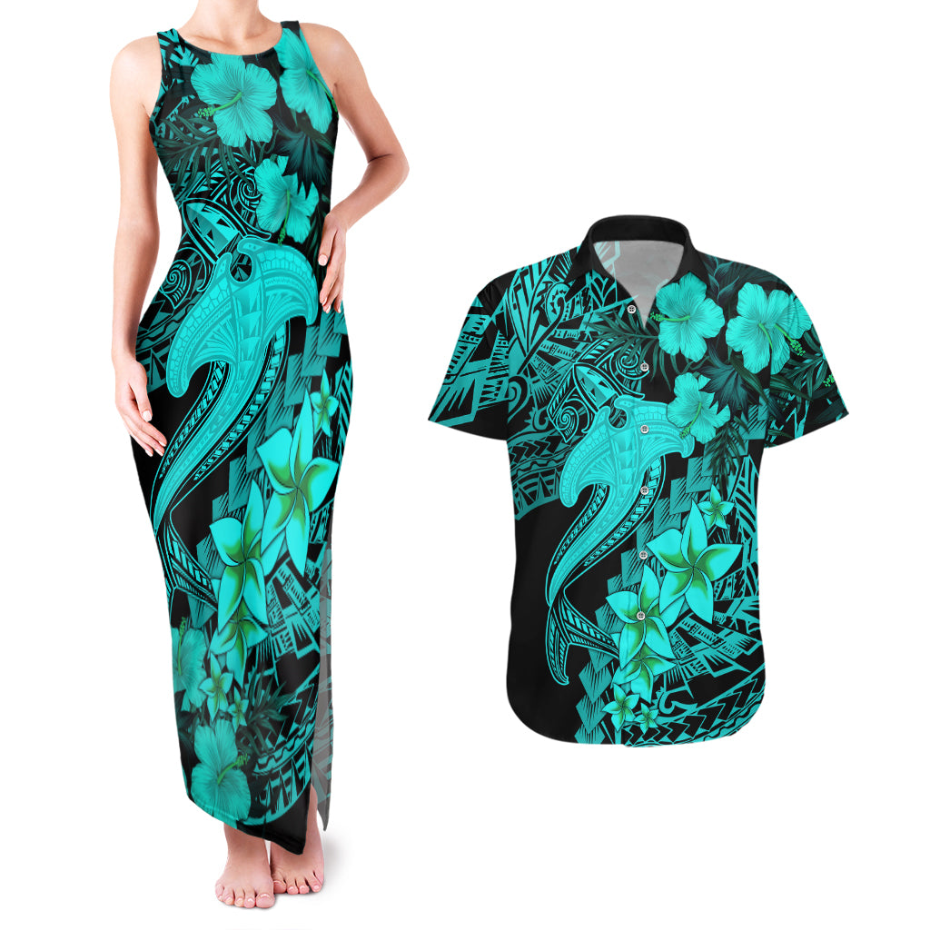 Aloha Hawaii Couples Matching Tank Maxi Dress And Hawaiian Shirt Hammerhead Shark Tattoo Polynesian Summer - Turquoise LT9 - Wonder Print Shop