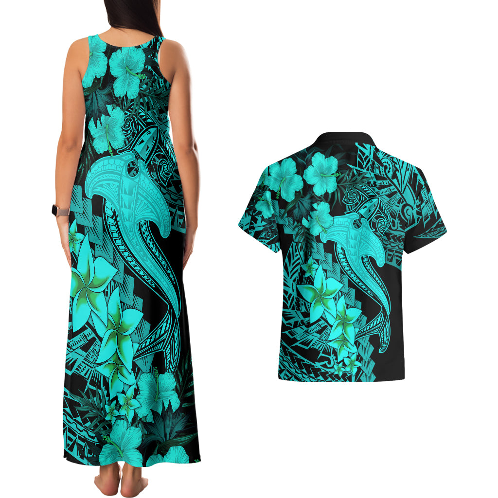 Aloha Hawaii Couples Matching Tank Maxi Dress And Hawaiian Shirt Hammerhead Shark Tattoo Polynesian Summer - Turquoise LT9 - Wonder Print Shop