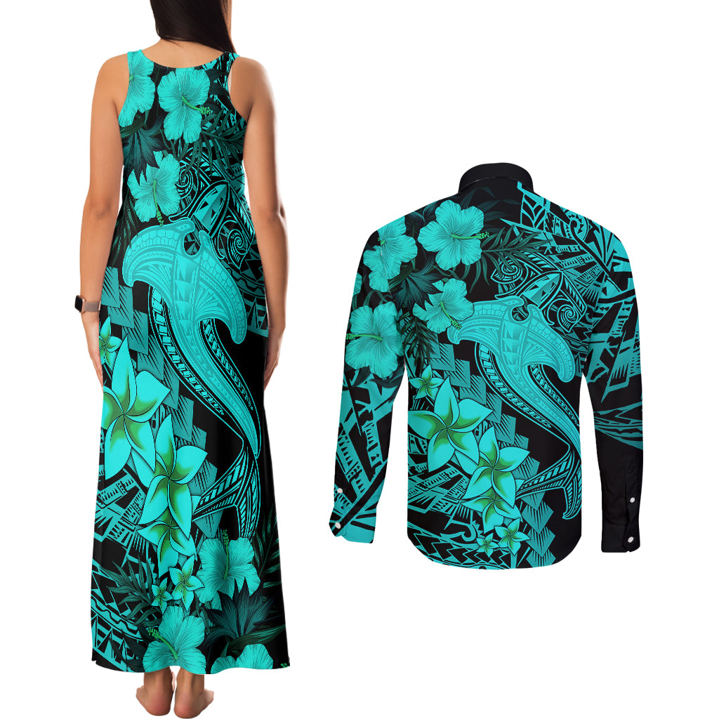 Aloha Hawaii Couples Matching Tank Maxi Dress and Long Sleeve Button Shirts Hammerhead Shark Tattoo Polynesian Summer - Turquoise LT9 - Wonder Print Shop