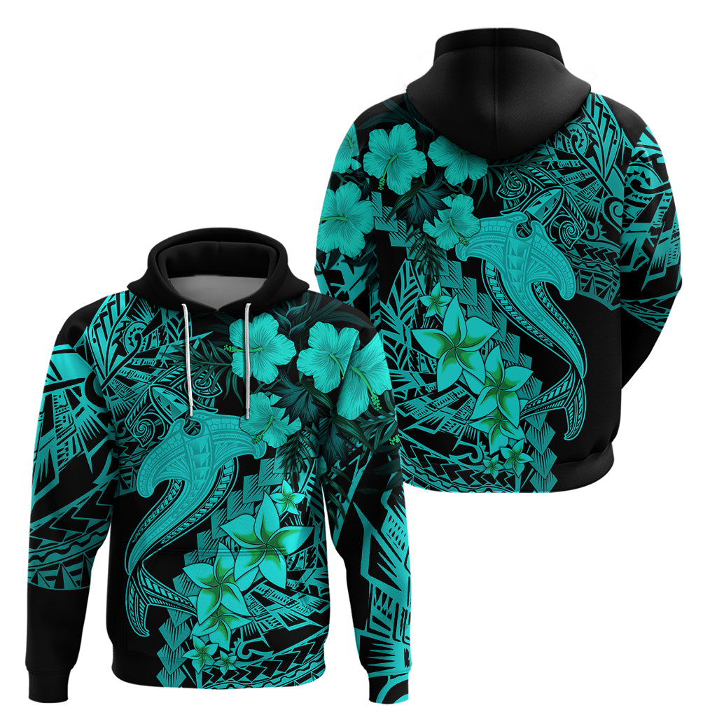 Aloha Hawaii Hoodie Hammerhead Shark Tattoo Polynesian Summer - Turquoise - Wonder Print Shop