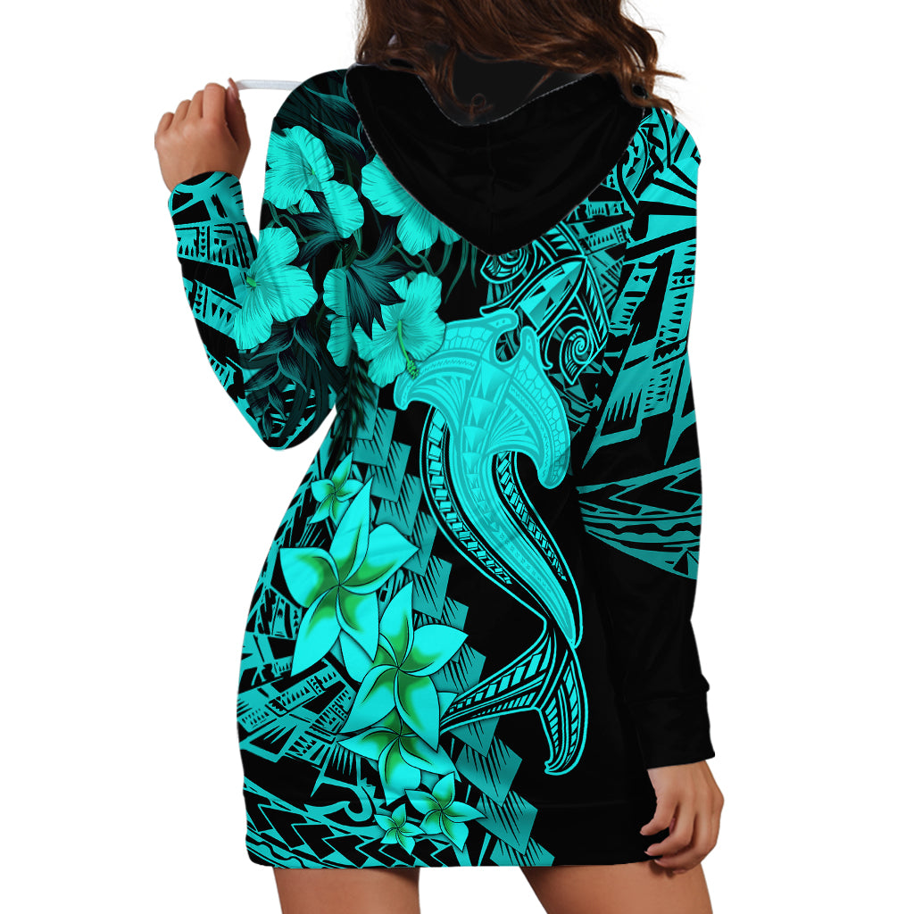 Aloha Hawaii Hoodie Dress Hammerhead Shark Tattoo Polynesian Summer - Turquoise - Wonder Print Shop