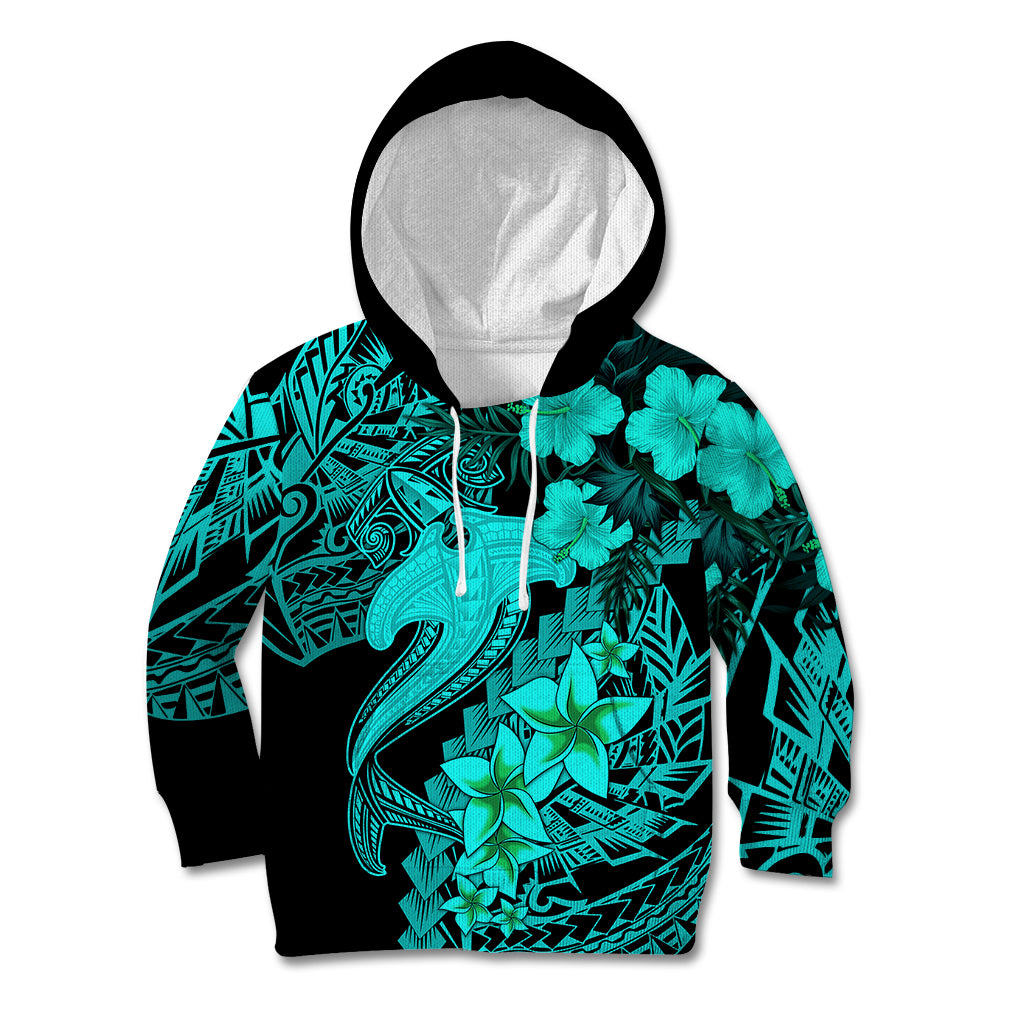 Aloha Hawaii Kid Hoodie Hammerhead Shark Tattoo Polynesian Summer - Turquoise - Wonder Print Shop