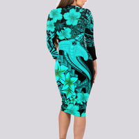 Aloha Hawaii Long Sleeve Bodycon Dress Hammerhead Shark Tattoo Polynesian Summer - Turquoise - Wonder Print Shop