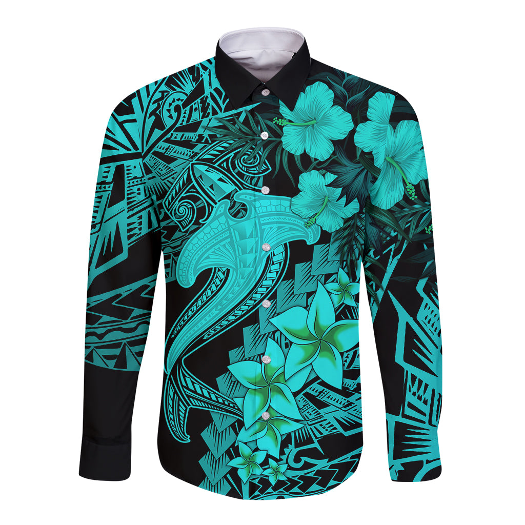 Aloha Hawaii Long Sleeve Button Shirt Hammerhead Shark Tattoo Polynesian Summer - Turquoise - Wonder Print Shop