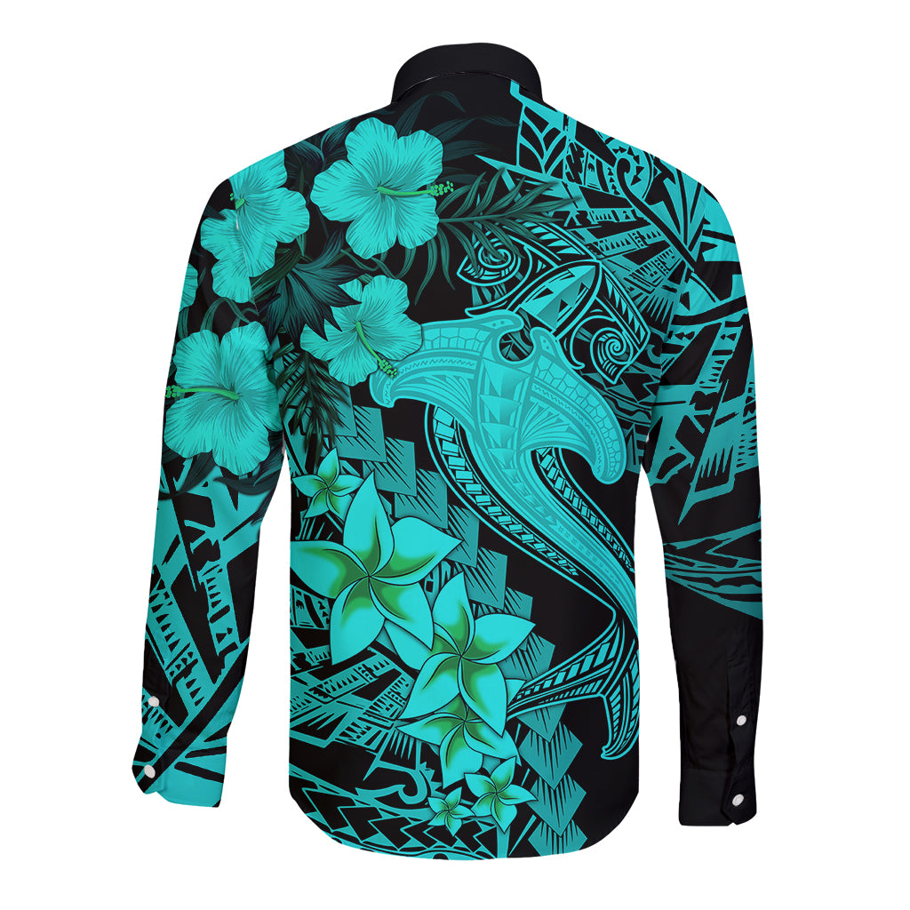 Aloha Hawaii Long Sleeve Button Shirt Hammerhead Shark Tattoo Polynesian Summer - Turquoise - Wonder Print Shop