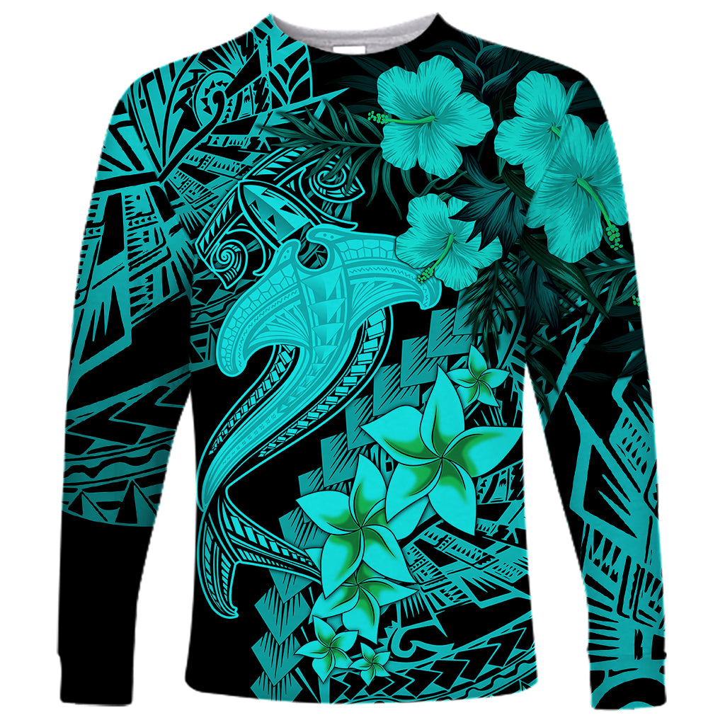 Aloha Hawaii Long Sleeve Shirt Hammerhead Shark Tattoo Polynesian Summer - Turquoise - Wonder Print Shop