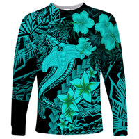 Aloha Hawaii Long Sleeve Shirt Hammerhead Shark Tattoo Polynesian Summer - Turquoise - Wonder Print Shop
