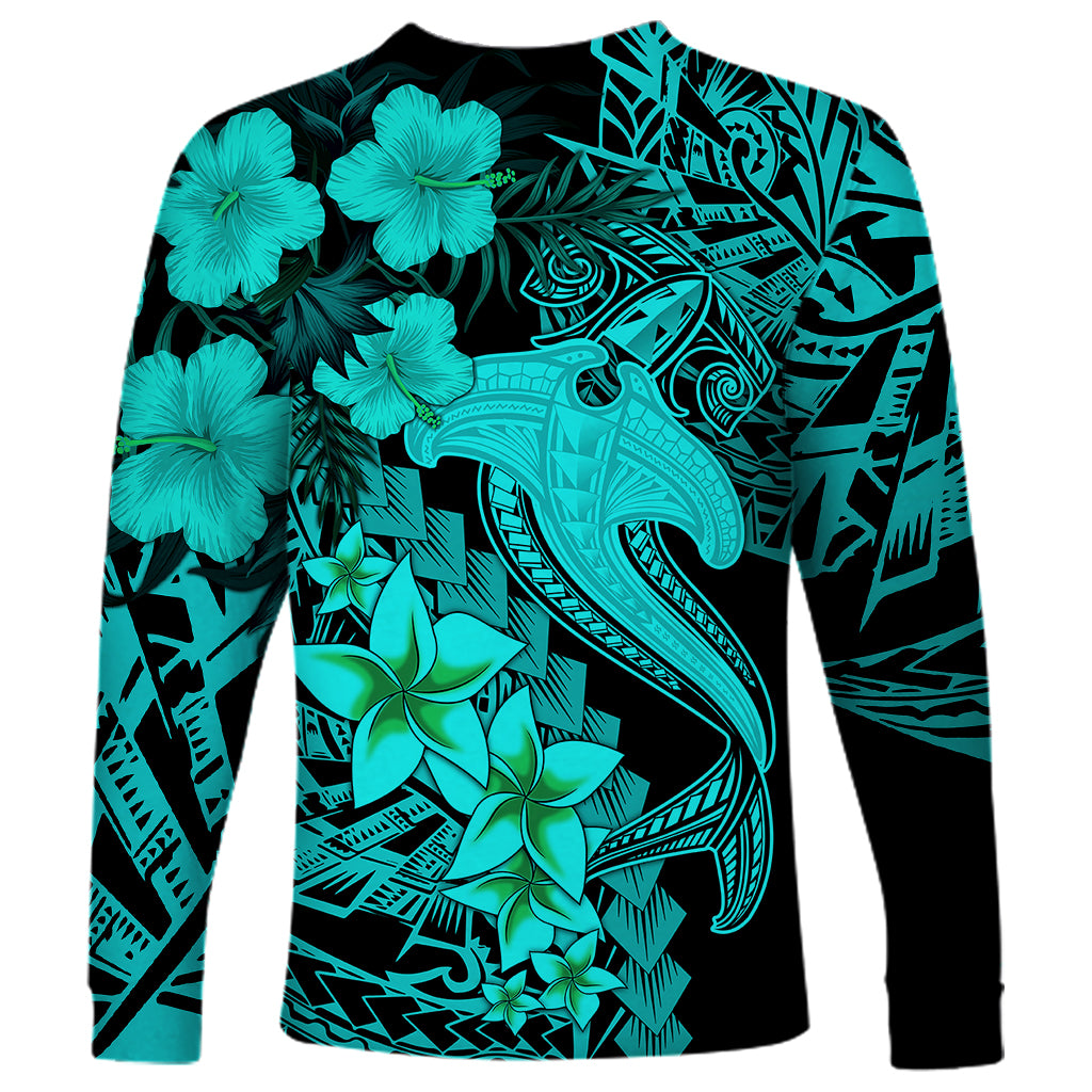 Aloha Hawaii Long Sleeve Shirt Hammerhead Shark Tattoo Polynesian Summer - Turquoise - Wonder Print Shop