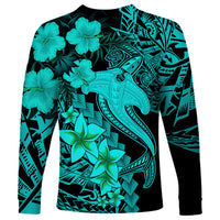 Aloha Hawaii Long Sleeve Shirt Hammerhead Shark Tattoo Polynesian Summer - Turquoise - Wonder Print Shop