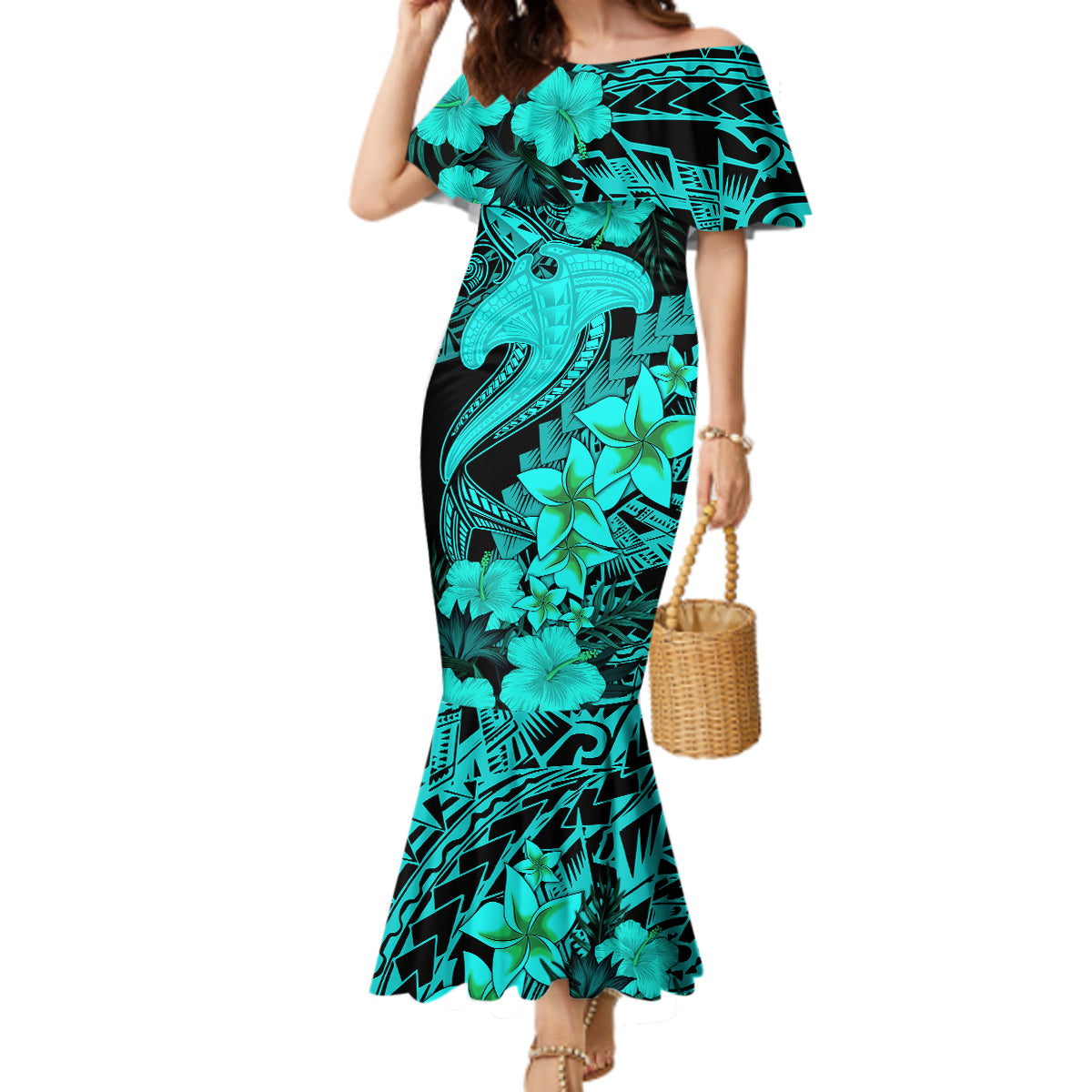 Aloha Hawaii Mermaid Dress Hammerhead Shark Tattoo Polynesian Summer - Turquoise - Wonder Print Shop