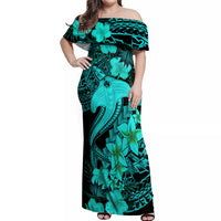 Aloha Hawaii Off Shoulder Maxi Dress Hammerhead Shark Tattoo Polynesian Summer - Turquoise - Wonder Print Shop