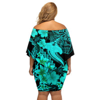 Aloha Hawaii Off Shoulder Short Dress Hammerhead Shark Tattoo Polynesian Summer - Turquoise - Wonder Print Shop