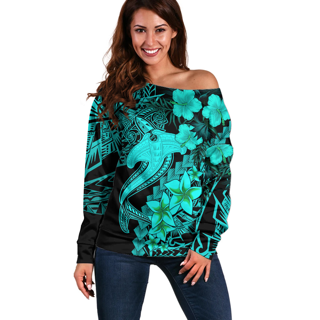 Aloha Hawaii Off Shoulder Sweater Hammerhead Shark Tattoo Polynesian Summer - Turquoise - Wonder Print Shop