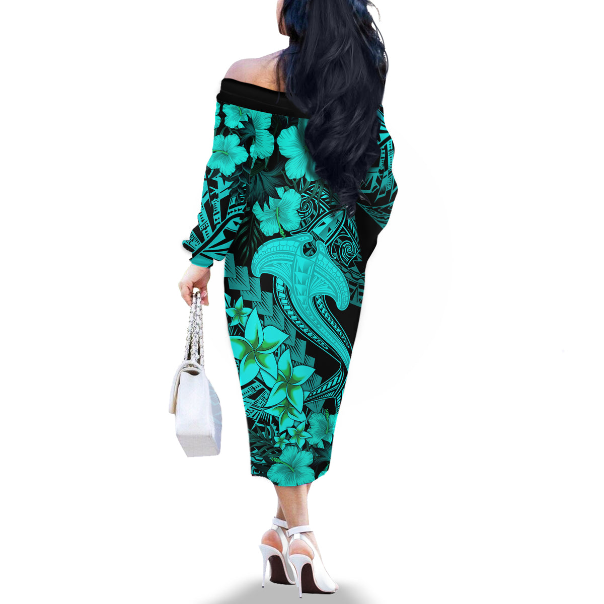 Aloha Hawaii Off The Shoulder Long Sleeve Dress Hammerhead Shark Tattoo Polynesian Summer - Turquoise - Wonder Print Shop