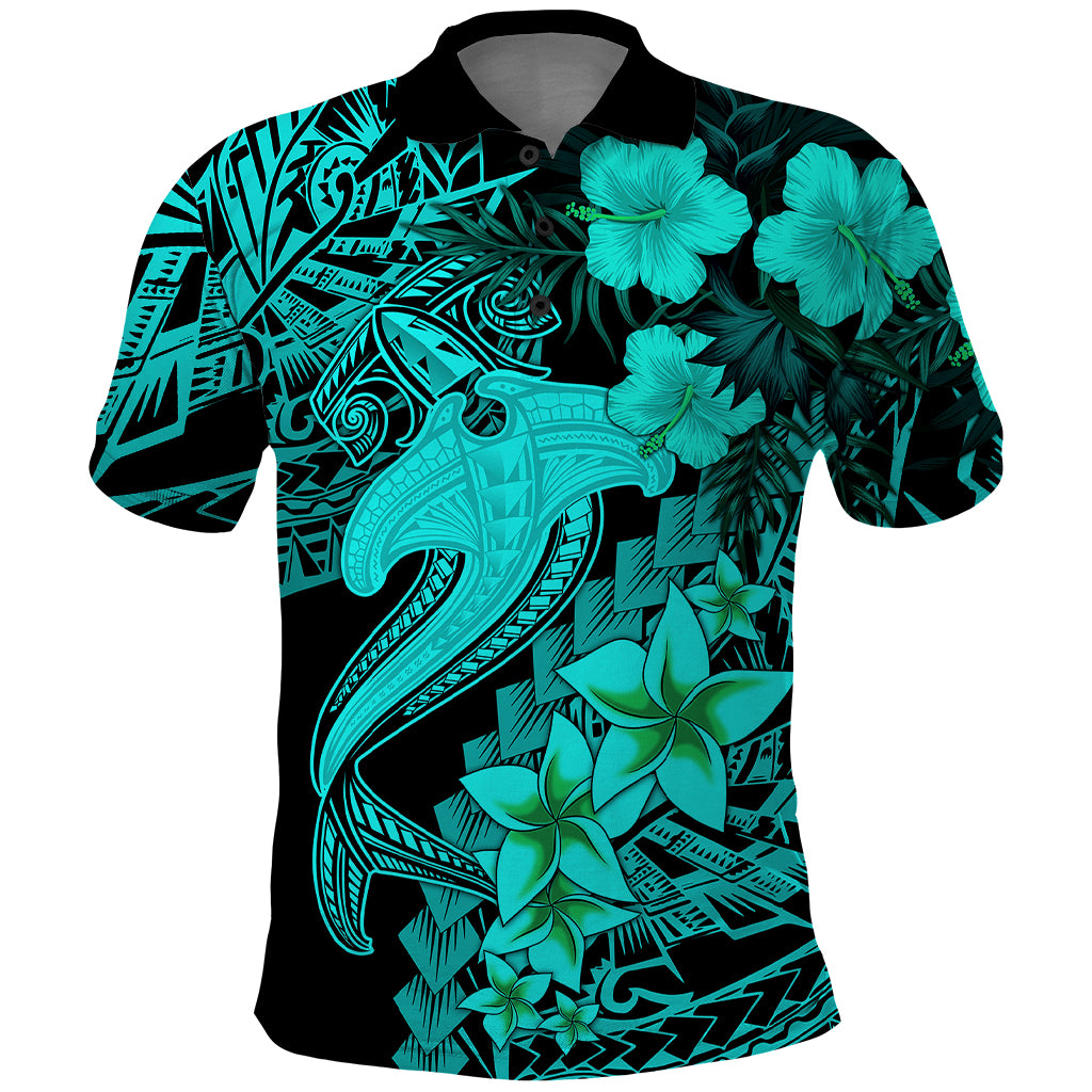 Aloha Hawaii Polo Shirt Hammerhead Shark Tattoo Polynesian Summer - Turquoise - Wonder Print Shop
