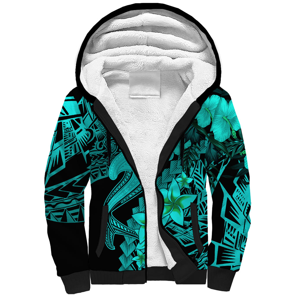 Aloha Hawaii Sherpa Hoodie Hammerhead Shark Tattoo Polynesian Summer - Turquoise - Wonder Print Shop