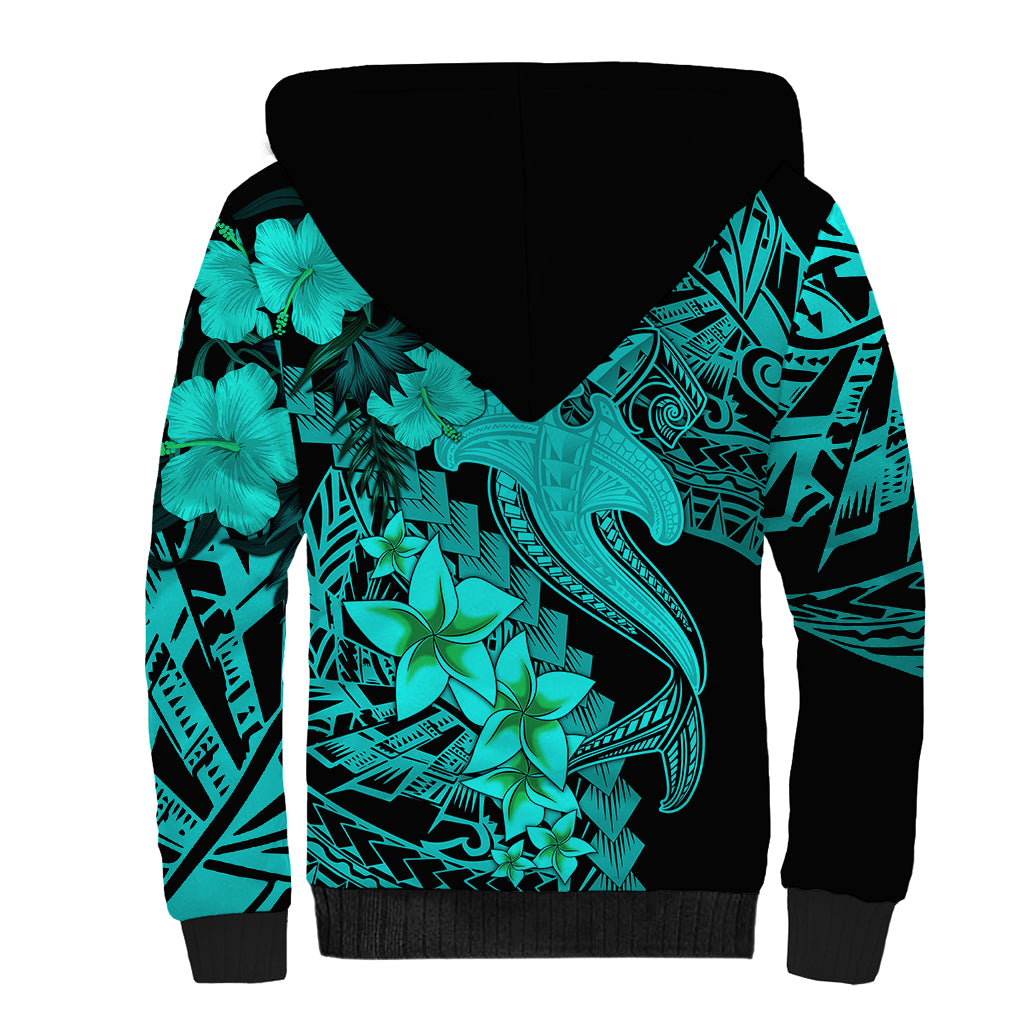 Aloha Hawaii Sherpa Hoodie Hammerhead Shark Tattoo Polynesian Summer - Turquoise - Wonder Print Shop