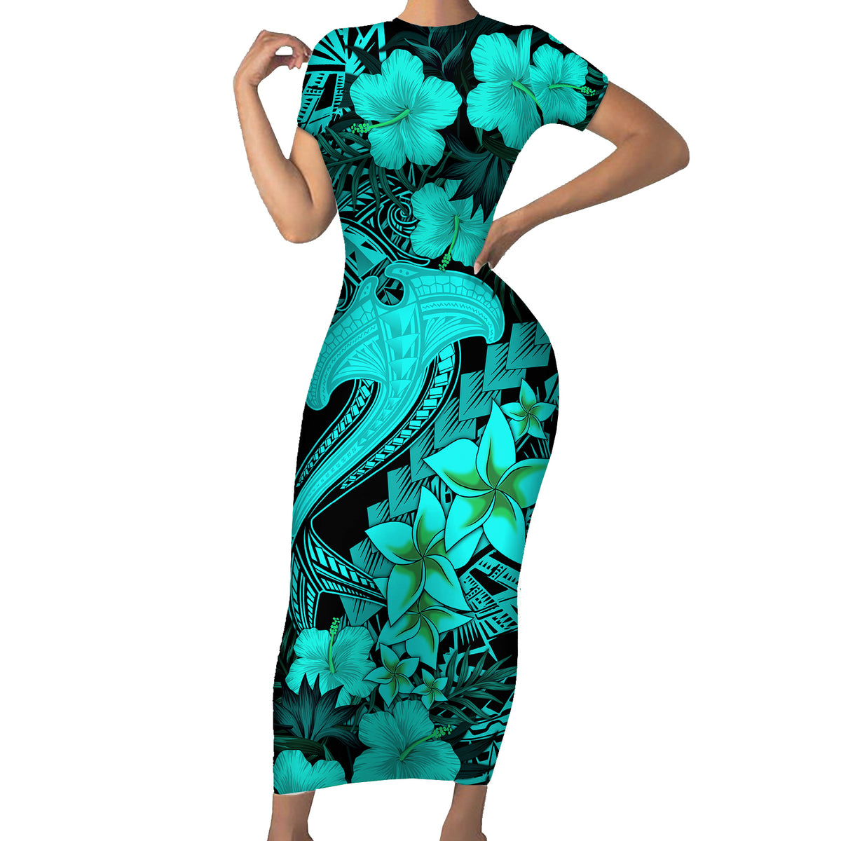 Aloha Hawaii Short Sleeve Bodycon Dress Hammerhead Shark Tattoo Polynesian Summer - Turquoise - Wonder Print Shop