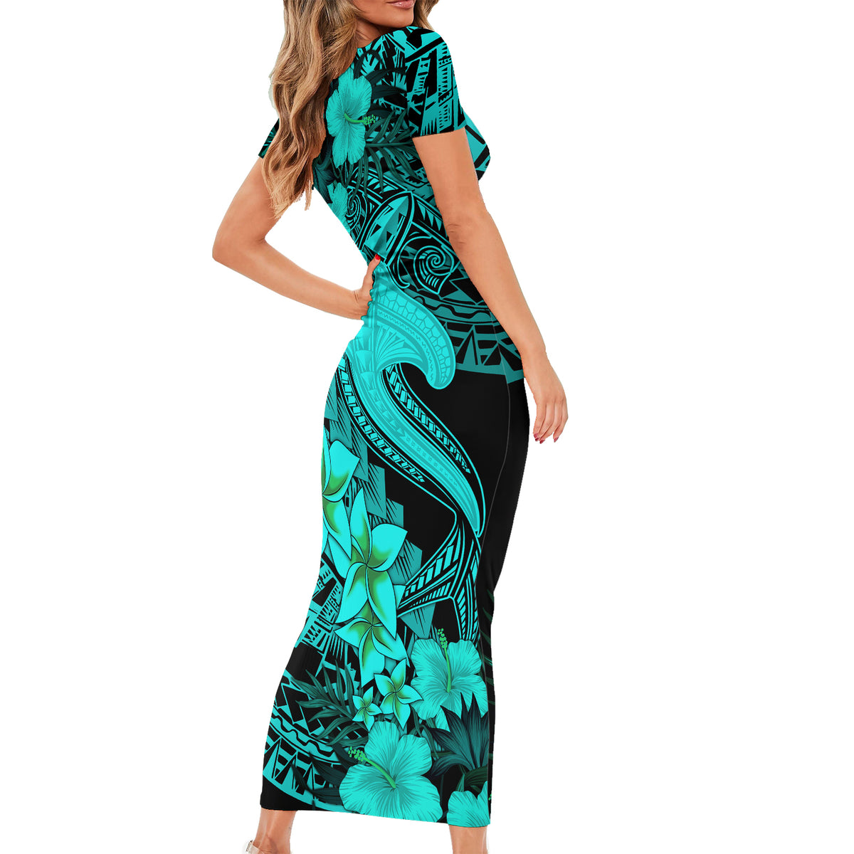 Aloha Hawaii Short Sleeve Bodycon Dress Hammerhead Shark Tattoo Polynesian Summer - Turquoise - Wonder Print Shop