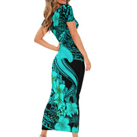 Aloha Hawaii Short Sleeve Bodycon Dress Hammerhead Shark Tattoo Polynesian Summer - Turquoise - Wonder Print Shop