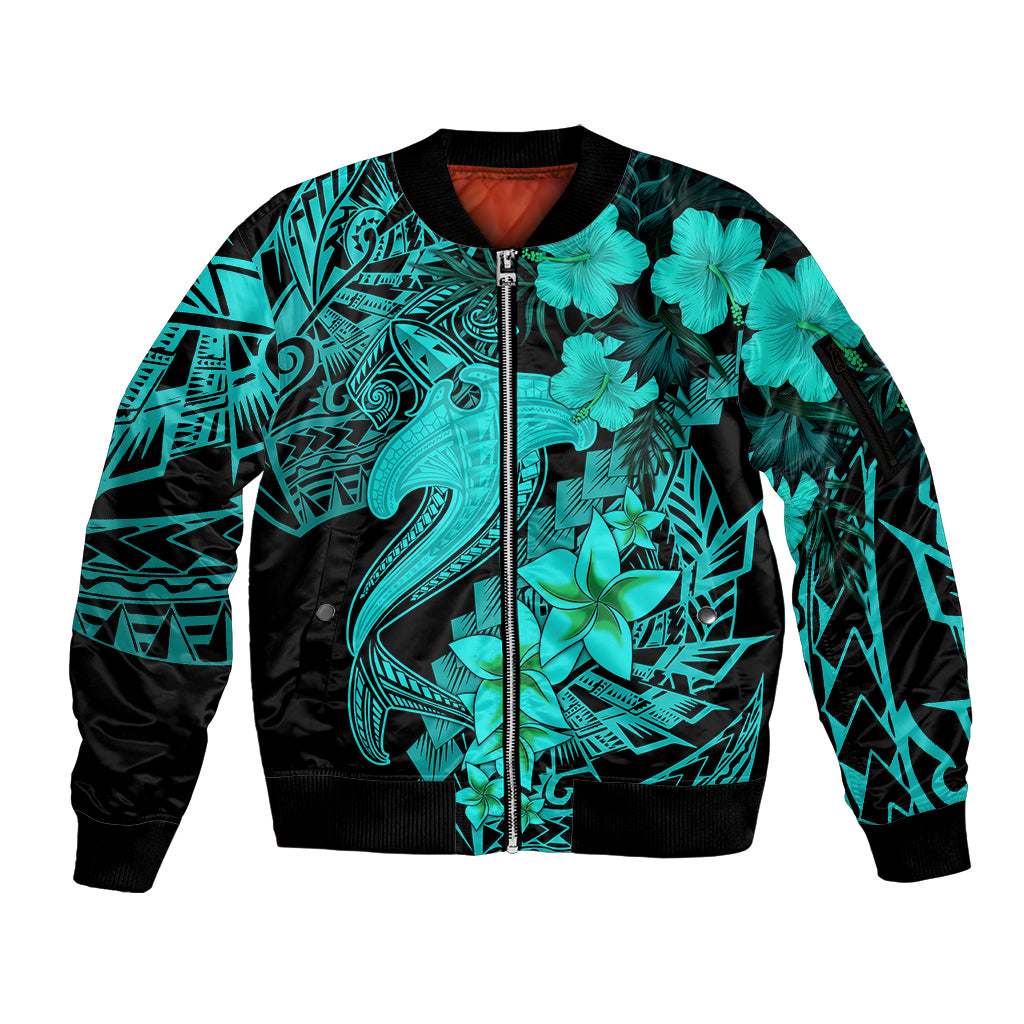 Aloha Hawaii Sleeve Zip Bomber Jacket Hammerhead Shark Tattoo Polynesian Summer - Turquoise - Wonder Print Shop