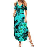 Aloha Hawaii Summer Maxi Dress Hammerhead Shark Tattoo Polynesian Summer - Turquoise - Wonder Print Shop