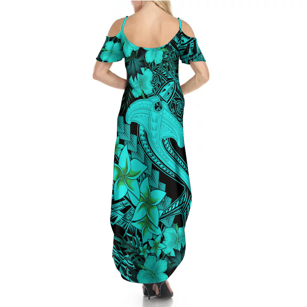 Aloha Hawaii Summer Maxi Dress Hammerhead Shark Tattoo Polynesian Summer - Turquoise - Wonder Print Shop