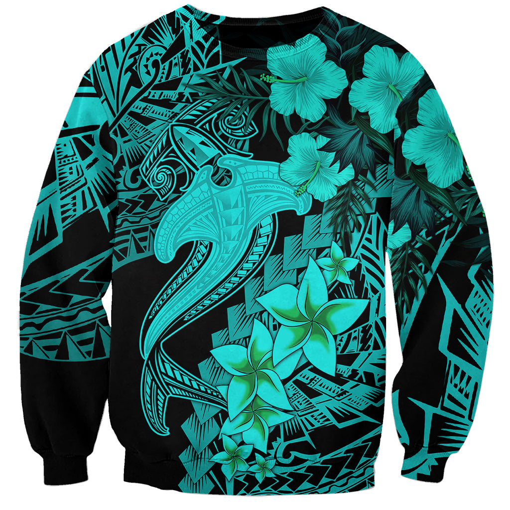 Aloha Hawaii Sweatshirt Hammerhead Shark Tattoo Polynesian Summer - Turquoise - Wonder Print Shop