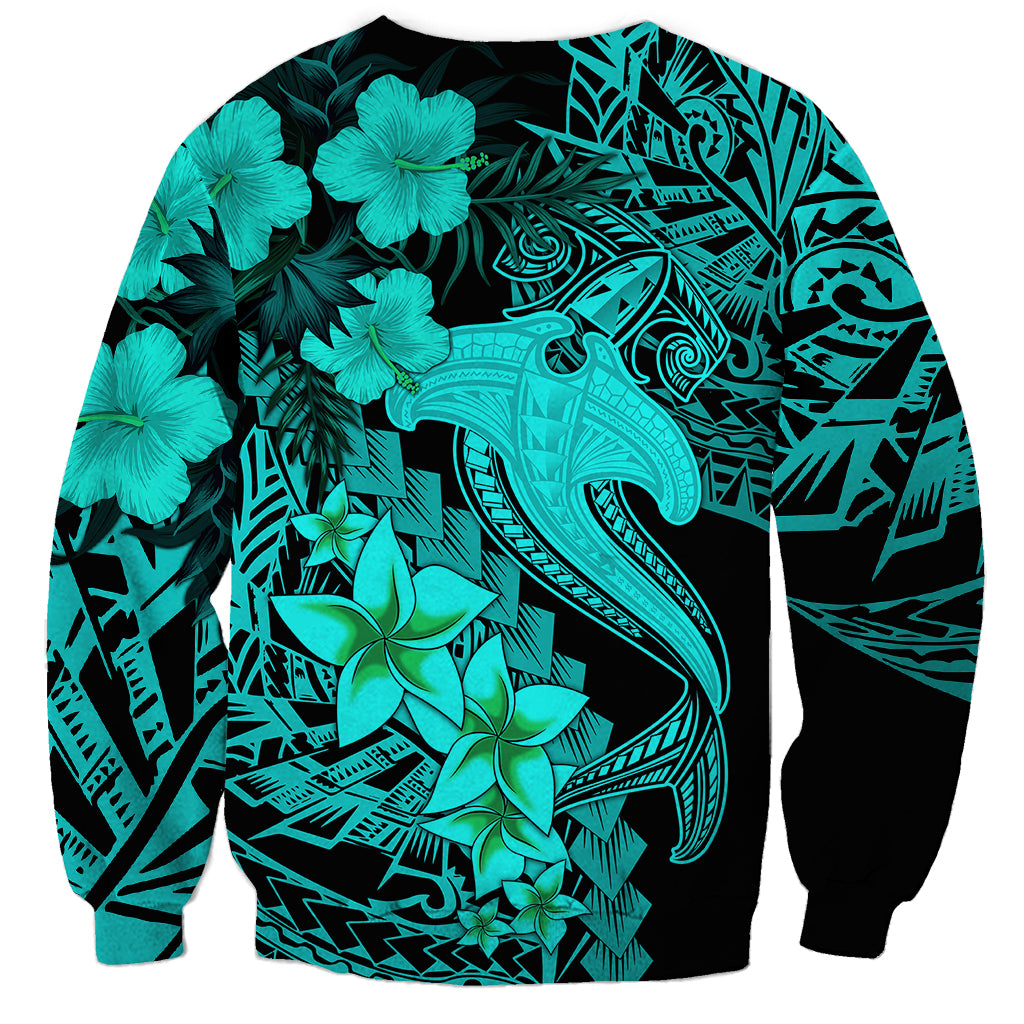 Aloha Hawaii Sweatshirt Hammerhead Shark Tattoo Polynesian Summer - Turquoise - Wonder Print Shop