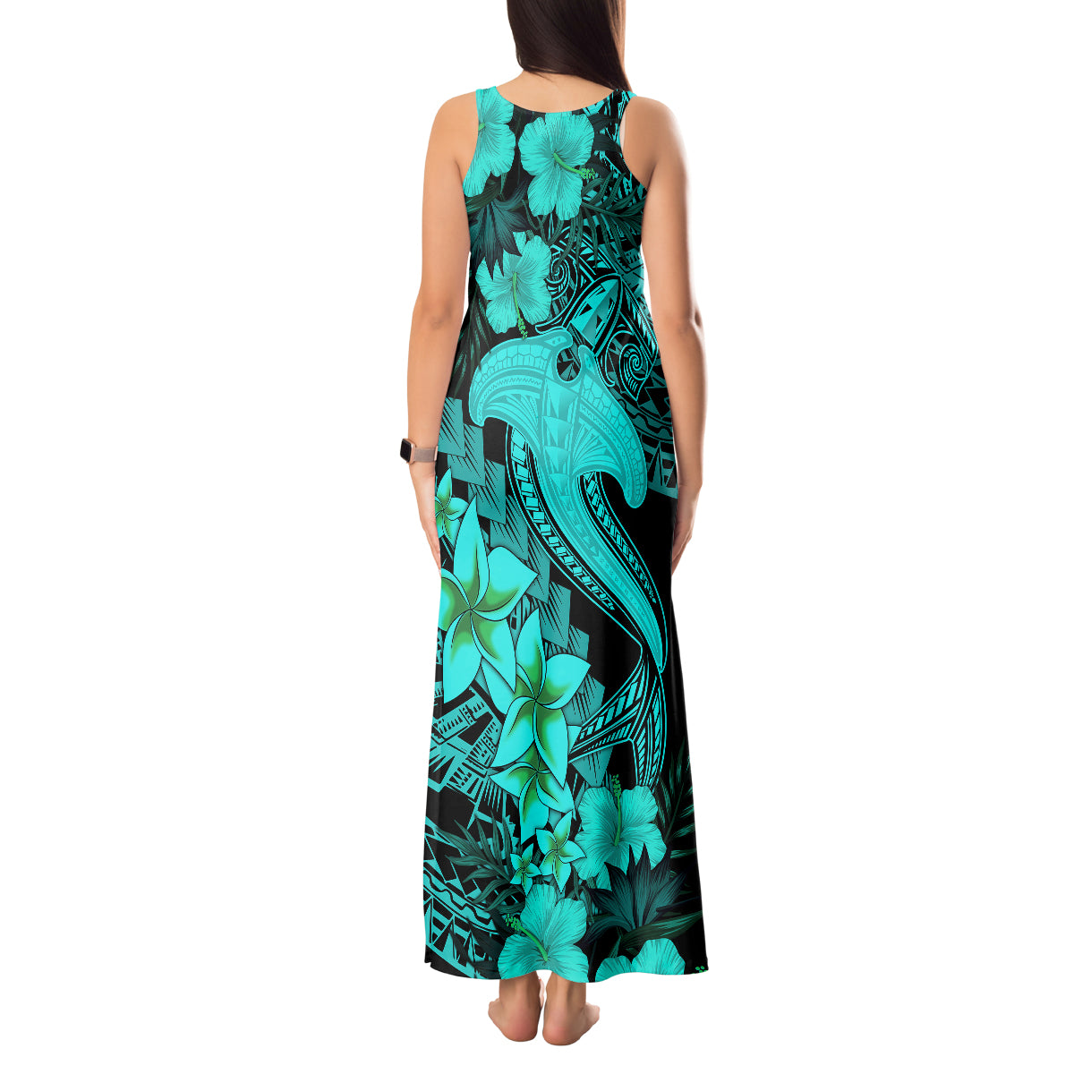 Aloha Hawaii Tank Maxi Dress Hammerhead Shark Tattoo Polynesian Summer - Turquoise - Wonder Print Shop