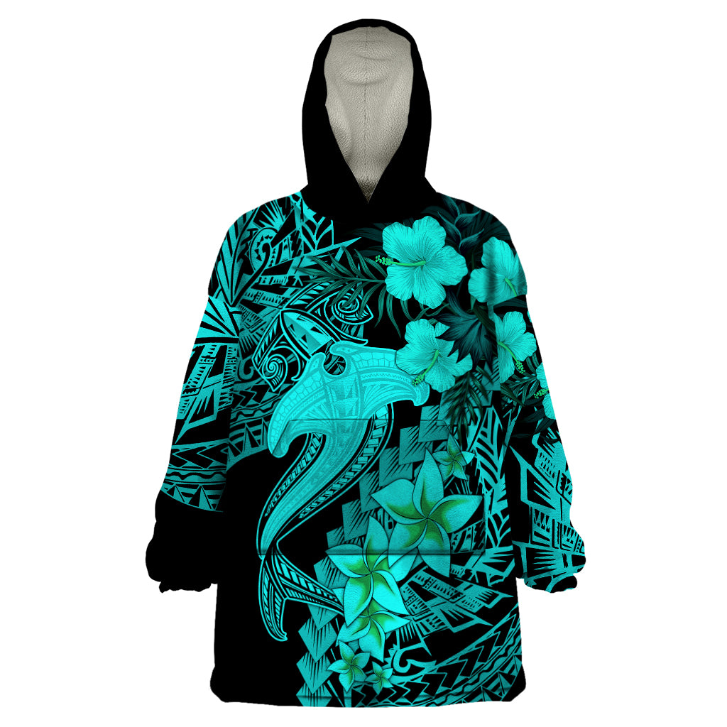 Aloha Hawaii Wearable Blanket Hoodie Hammerhead Shark Tattoo Polynesian Summer - Turquoise - Wonder Print Shop